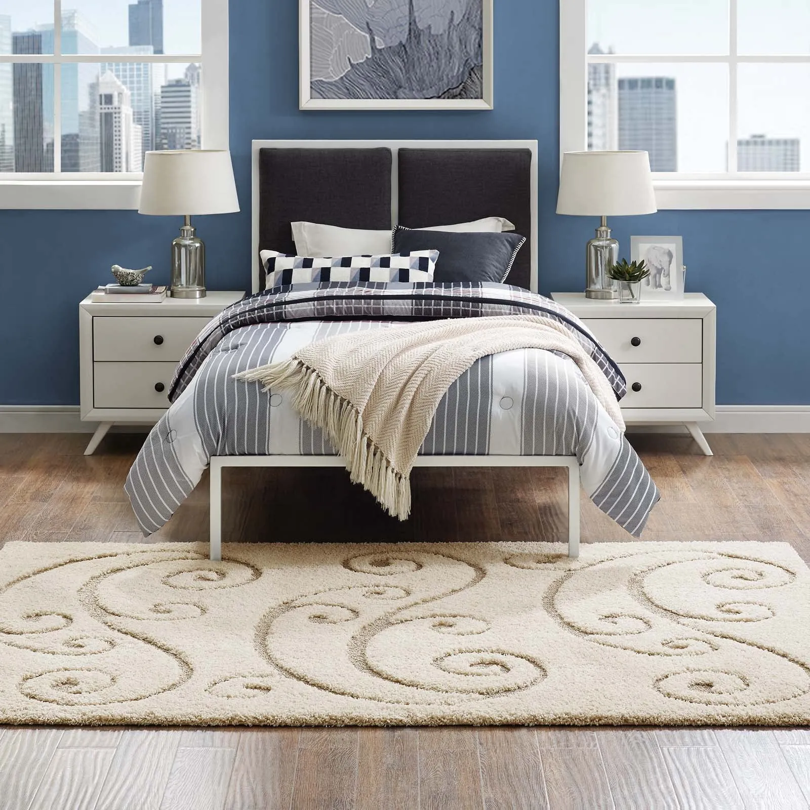 Sprout Scrolling Vine 5x8 Shag Area Rug  Creame and Beige