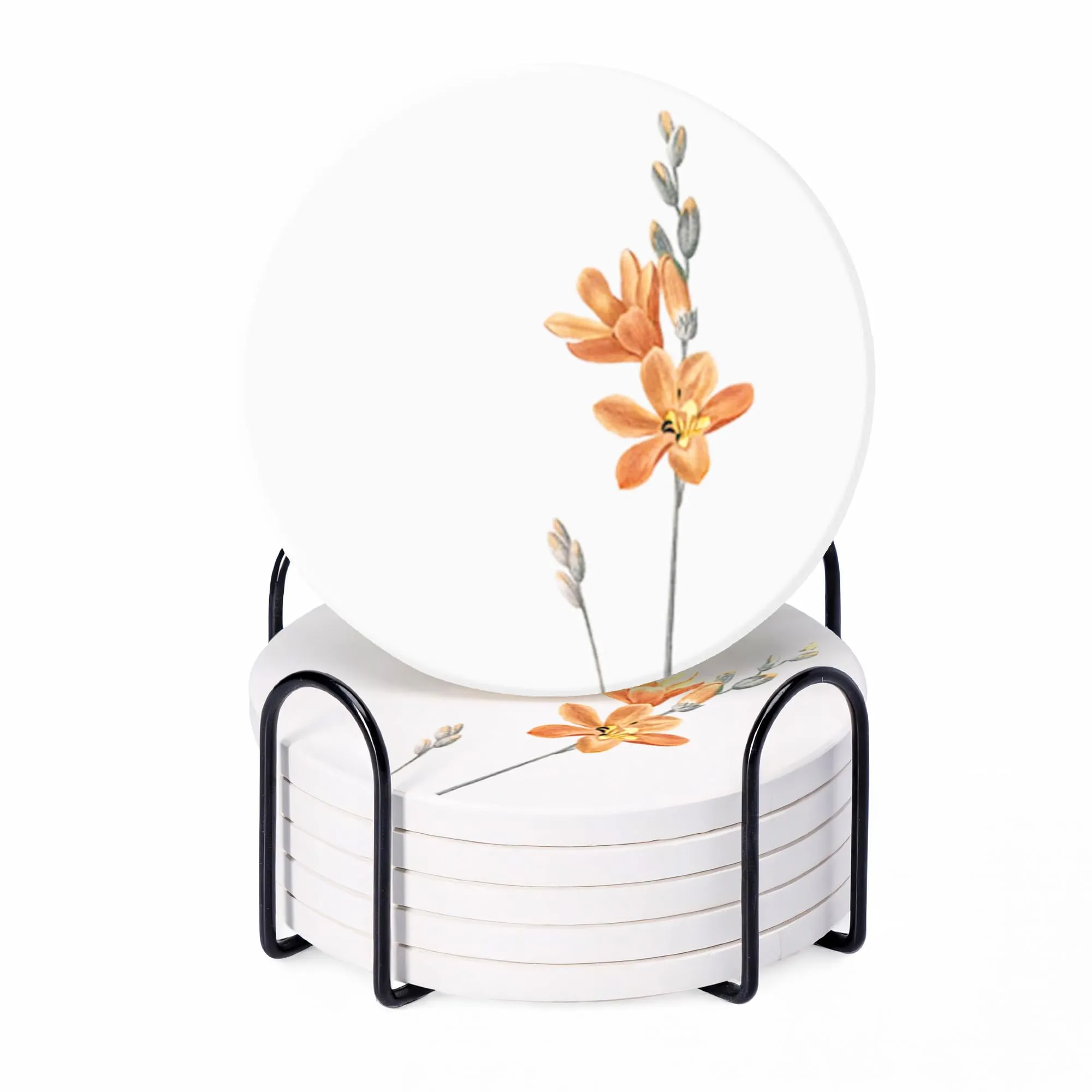 UMAI Coaster Set of 6 (Dia - 10cm) | Dining Table Decor Accessories | Beautiful Floral Coasters | for Cups Coffee Mugs Glasses | with Cork Steel Holder | Heat Resistant Absorbing Tea Coaster