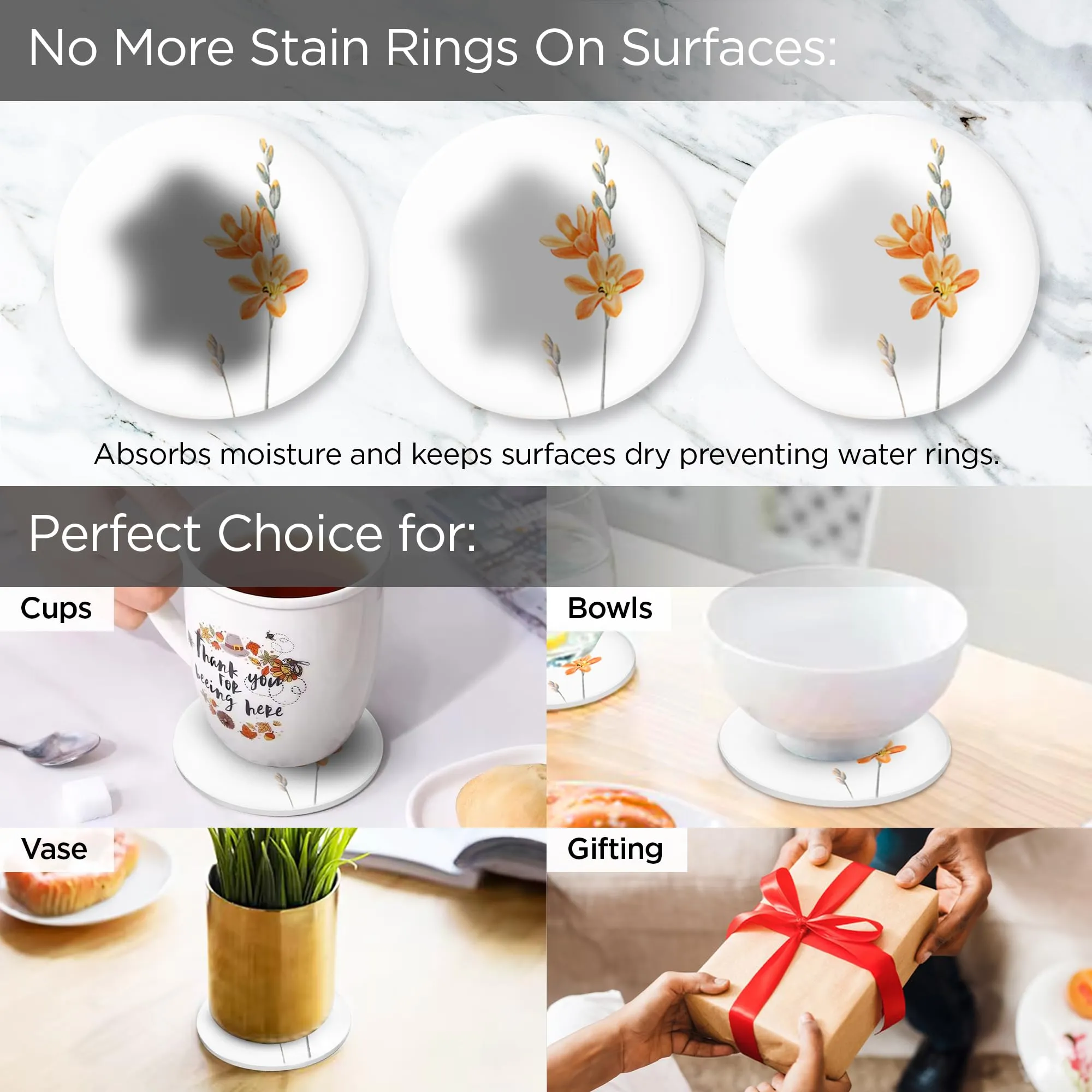 UMAI Coaster Set of 6 (Dia - 10cm) | Dining Table Decor Accessories | Beautiful Floral Coasters | for Cups Coffee Mugs Glasses | with Cork Steel Holder | Heat Resistant Absorbing Tea Coaster