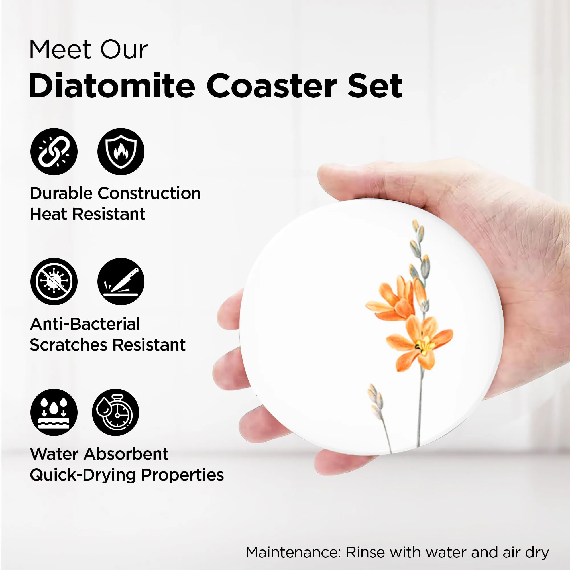UMAI Coaster Set of 6 (Dia - 10cm) | Dining Table Decor Accessories | Beautiful Floral Coasters | for Cups Coffee Mugs Glasses | with Cork Steel Holder | Heat Resistant Absorbing Tea Coaster