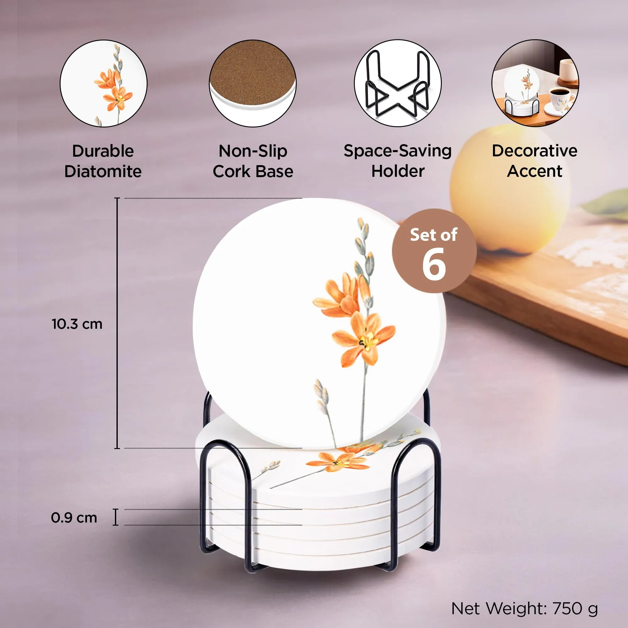 UMAI Coaster Set of 6 (Dia - 10cm) | Dining Table Decor Accessories | Beautiful Floral Coasters | for Cups Coffee Mugs Glasses | with Cork Steel Holder | Heat Resistant Absorbing Tea Coaster