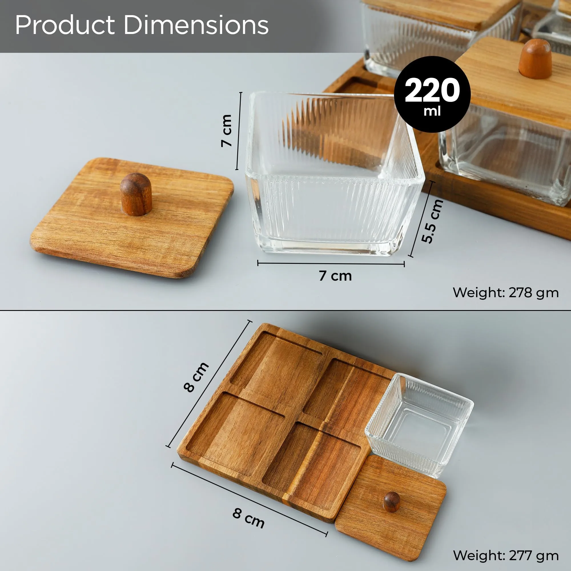 UMAI Platters Serving Set for Snacks with Wooden Tray & 4 Jars (220ml Each) | Premium Soda Lime Glass | Snacks Serving Bowls with Tray | Serving Tray with Bowls for Snacks