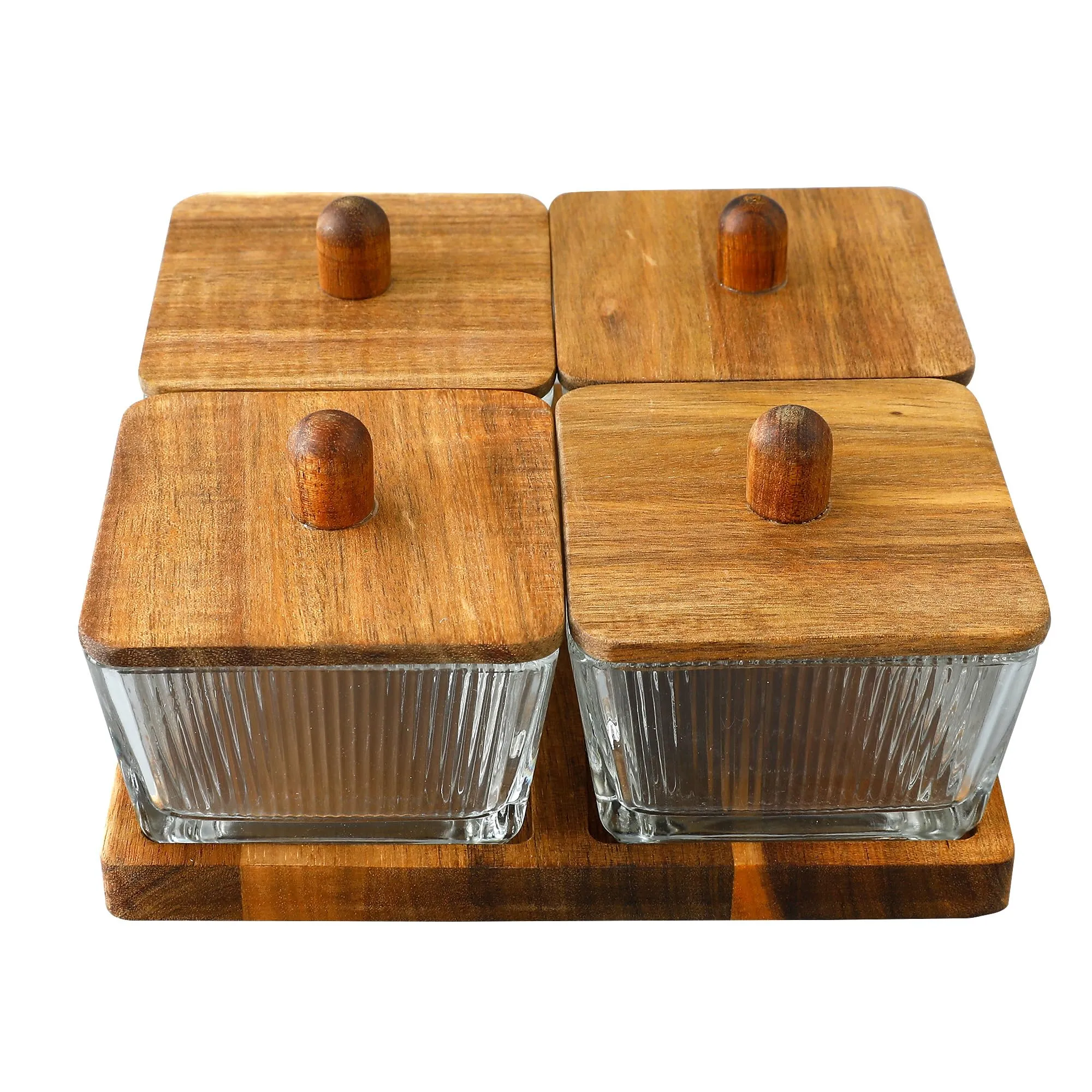 UMAI Platters Serving Set for Snacks with Wooden Tray & 4 Jars (220ml Each) | Premium Soda Lime Glass | Snacks Serving Bowls with Tray | Serving Tray with Bowls for Snacks