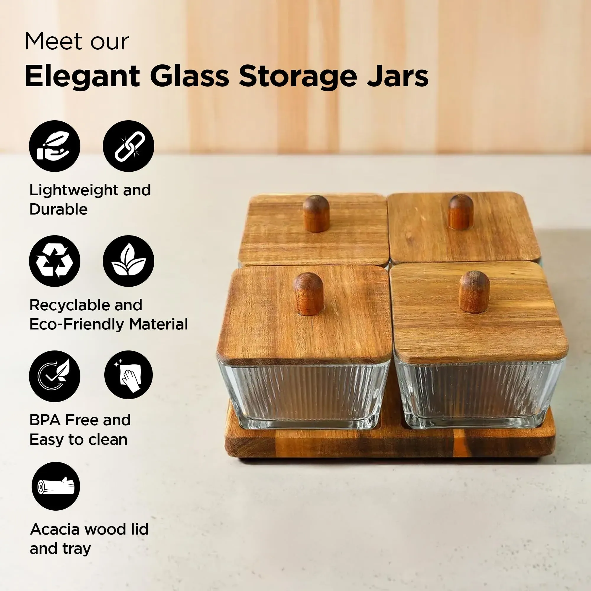 UMAI Platters Serving Set for Snacks with Wooden Tray & 4 Jars (220ml Each) | Premium Soda Lime Glass | Snacks Serving Bowls with Tray | Serving Tray with Bowls for Snacks
