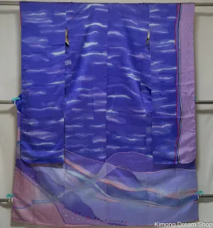 Unused Purple & Blue Silk Furisode - Weaving Pattern Weaved Into Fabric - Retro 1980s Abstract Style - Long Sleeve Kimono - Unique Style