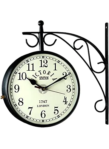 Vintage Product Antique Black Railway Station Double Sided Metal Analog Wall Clock (8 Inch, Black), Standard