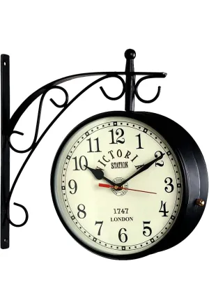 Vintage Product Antique Black Railway Station Double Sided Metal Analog Wall Clock (8 Inch, Black), Standard
