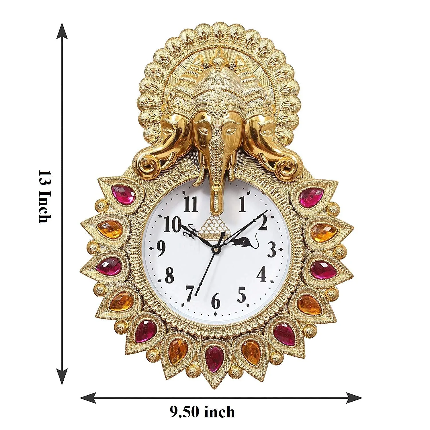 Webelkart Premium Plastic Designer Stones Ganesha Wall Clock for Home and Office Decor| Wall Clock for Living Room| Wall Clock for Bedroom (Gold)